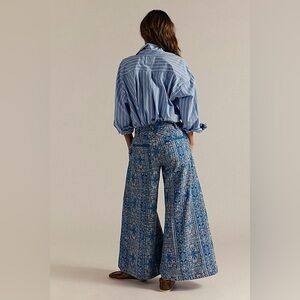 Free People Dahlia Wide Leg Cotton Linen Jacquard Pants NWT Size 14